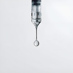 A close-up shot of a syringe with a single, clear drop of liquid hanging from the needle, against a plain background.