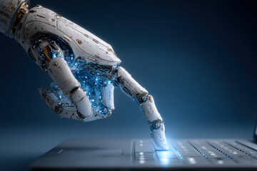 Robotic hand types on a laptop keyboard, highlighting advanced automation and precise tactile feedback in a futuristic tech scene showcasing human machine collaboration.