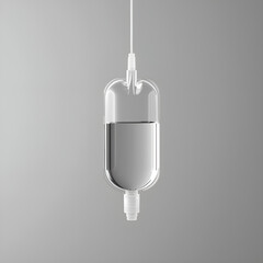 A close-up of a clear intravenous drip bag filled with liquid, suspended.