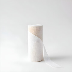 A roll of elastic bandage, partially unrolled, standing upright against a plain white background.