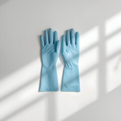 Two blue rubber gloves are laid flat on a white surface with window light casting shadows.