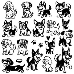 Fototapeta premium Black and white vector set of cute cartoon dogs of different breeds with expressive faces. Funny pet collection in line art style.