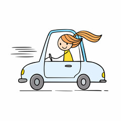 A cartoon illustration of a girl driving a car, filled with motion and joy. The car's sleek lines suggest a sense of freedom and the open road.