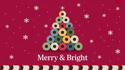 An eco-friendly, minimalist Christmas greeting card concept featuring a tree made of colorful toilet paper, set against a vibrant red background, evoking a festive day, created with generative ai