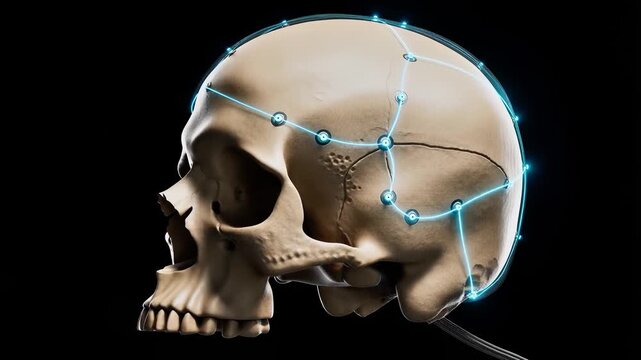 Human skull anatomy with cranial electrode placement mapping for brain computer interface neurotechnology research and neuroscience medical visualization of neural sensor positioning system.