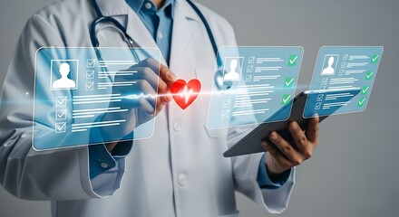 Doctor interacting with futuristic holographic medical records and heart health data