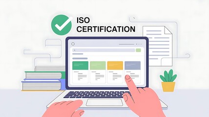 IOS Certification, standards, quality, assurance, and requirements shown with a businessman interacting with virtual icons representing control and compliance systems, created with generative ai