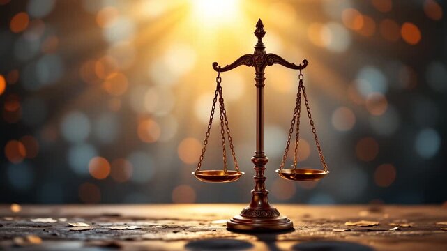 Justice Embodied: A symbolic representation of justice, scales balanced, bathed in a golden light, embodies fairness, law, and impartiality. 