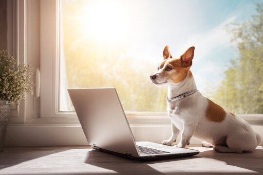 Charming dog uses laptop in morning glow. Dog technology. The growing importance of big data in technology sectors. Data processing innovations. Dog glance.