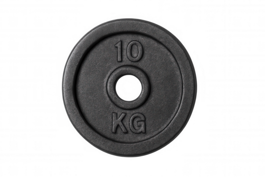 10 kg black cast iron weight plate for barbell workout and strength training, transparent background