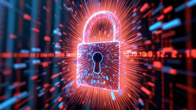 Digital Fortress: The image presents a digital padlock at the center of an intense network, pulsating with radiant energy, signifying robust online security and protection against cyber threats.  - Powered by Adobe