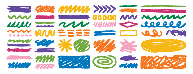 Hand drawn wax crayon doodle strokes colorful sketch art set