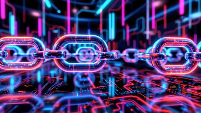 Digital Chain of Technology: A stylized depiction of a digital chain, symbolizing the interconnectedness and security of blockchain technology, pulsating with vibrant colors.