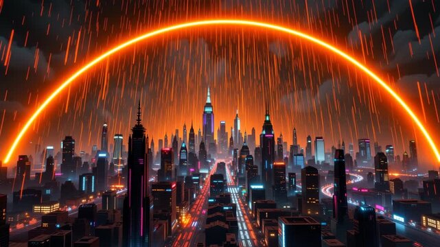 Neon Cityscape Under Glowing Arch: A stunning panorama of a futuristic city, its silhouette defined by the radiant glow of neon lights, beneath a vibrant orange arc.