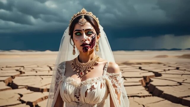 Zombie bride with green eyes in a wedding dress standing in a cracked desert landscape view halloween zombie video