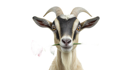 Obraz premium A charming animal with a flower in its mouth, isolated on white.