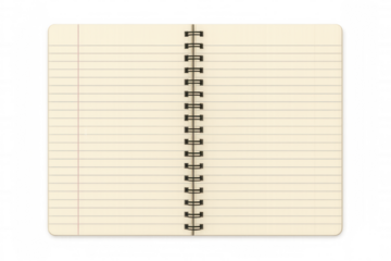 Open blank spiral bound notebook with lined paper, providing a transparent background for notes, education, or journaling