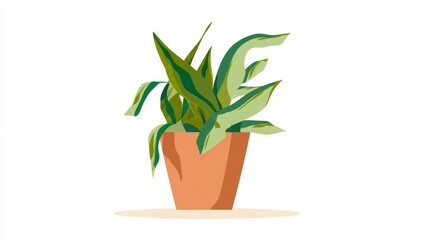 A potted snake plant with variegated green leaves in a terracotta pot on a white background.