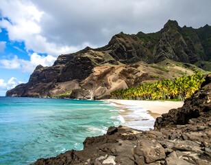 Tropical beach with dramatic cliffs