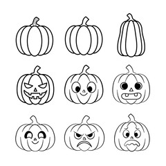 A collection of nine uniquely designed pumpkin drawings with different facial expressions