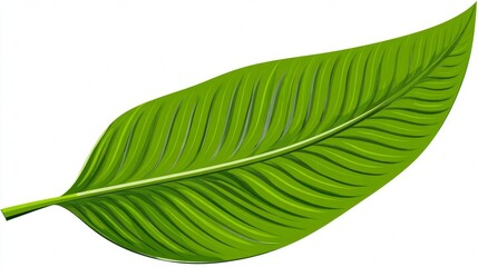 Obraz premium Vibrant green tropical leaf with prominent parallel veins on a white background.