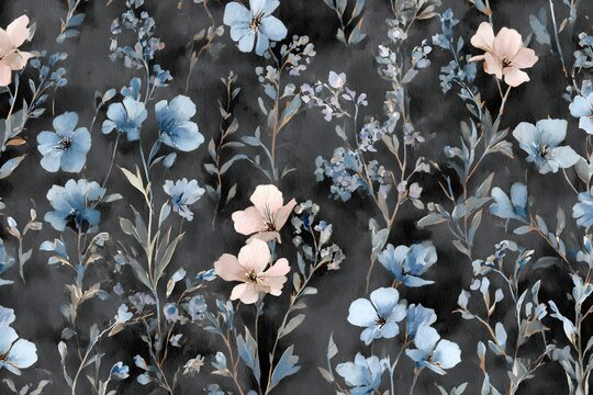 Dark romantic floral ribbon seamless pattern, elegant pink bow and flower design on black, vintage botanical night

