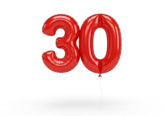 Glossy red foil balloon number 30 with ribbon isolated on white. 3D for fifth birthday parties, anniversary events, discount sale countdowns, math education materials, greeting card design