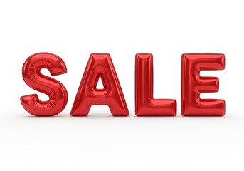 Red "SALE" text made of glossy inflatable balloons. This 3D render of bold, festive letters is isolated on white background. Perfect for advertising promotions, discounts, and special offers.