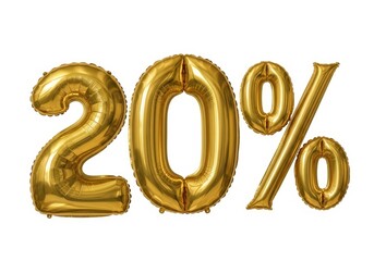 20%" text made of glossy golden inflatable balloons. This 3D render of festive numbers is isolated on white background. Perfect for advertising sales, discounts, anniversaries, and special offers.