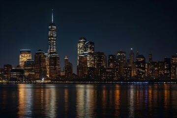 Ai Generated :Stylized City Skyline at Dusk with Reflections and Crescent Moon