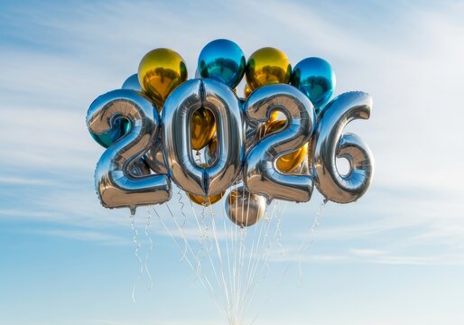 Happy New Year 2026. Silver and gold foil balloons forming number 2026 in the sky over the city for New Year's Eve party invitations, greeting cards, social media announcements, and website banners. 