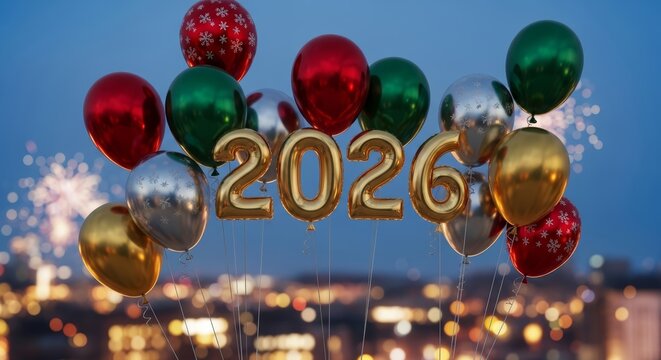 Happy New Year 2026. Silver and gold foil balloons forming number 2026 in the sky over the city for New Year's Eve party invitations, greeting cards, social media announcements, and website banners. 