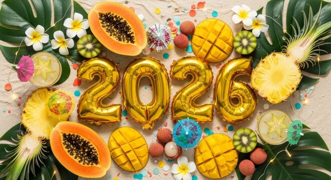 Happy New Year 2026 concept. Golden foil balloons forming number 2026 in tropical beach party with exotic fruits, cocktails, palm leaves for New Year's Eve party invitations, travel agency promotions 