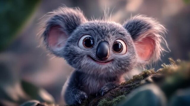 Animated koala smiling in a natural environment with lush greenery
