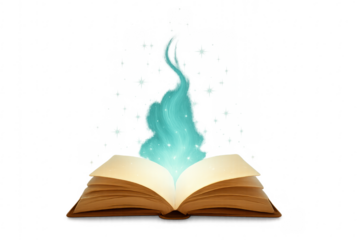 Open book glowing with magical blue light and sparkles
