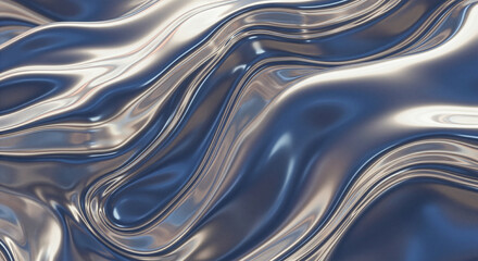 Hyper-realistic 3D render of flowing metallic silver and blue liquid texture. Modern abstract background with smooth, reflective chrome waves and dynamic ripples.