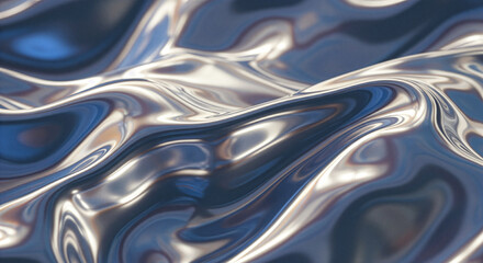 Hyper-realistic 3D render of flowing metallic silver and blue liquid texture. Modern abstract background with smooth, reflective chrome waves and dynamic ripples.
