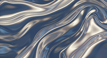 Hyper-realistic 3D render of flowing metallic silver and blue liquid texture. Modern abstract background with smooth, reflective chrome waves and dynamic ripples.