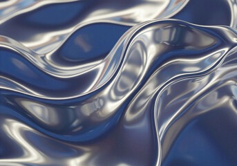 Hyper-realistic 3D render of flowing metallic silver and blue liquid texture. Modern abstract background with smooth, reflective chrome waves and dynamic ripples.