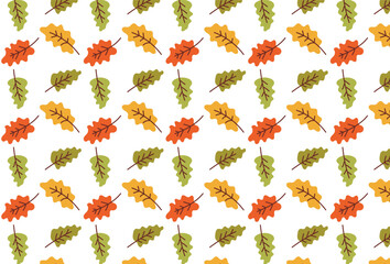 Seamless autumn pattern with colorful oak leaves in orange, yellow, and green on a white background. Perfect for seasonal wrapping paper, textiles, or digital designs.