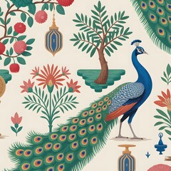 Peacock under palm tree traditional Indian art, Generative Ai
