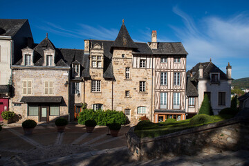 Medieval house architecture in the town of Terrasson in the Dordogne region of France