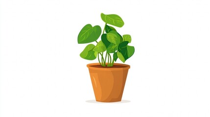 Obraz premium A vibrant green potted plant with large, rounded leaves sits in a terracotta pot against a white background.