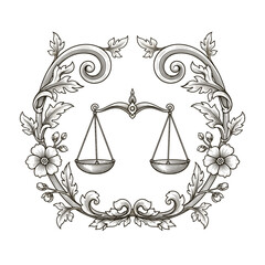 Decorative illustration of scales surrounded by floral elements