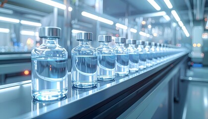 Modern pharmaceutical production line with transparent glass bottles