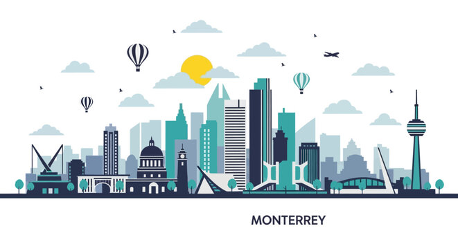 Monterrey's Modern Skyline A Colorful Architectural Illustration with Hot Air Balloons