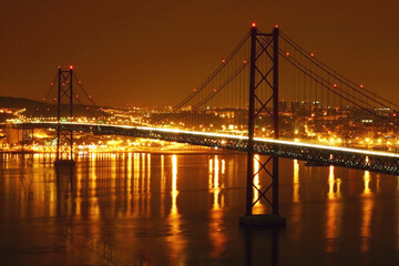 Night City Bridge With Bright Lights Reflections Over Calm Water and Urban Skyline