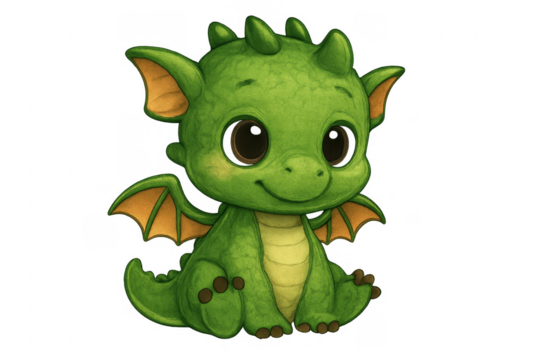 Green baby dragon cartoon sitting on transparent background