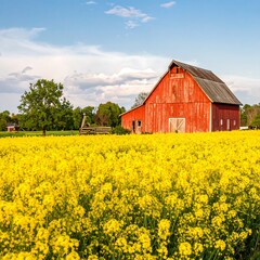 Obraz premium Red barn in a field of yellow flowers