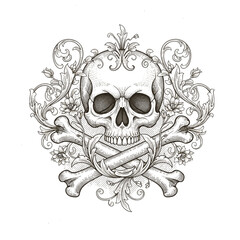 Fototapeta premium Skull and crossbones illustration with floral design